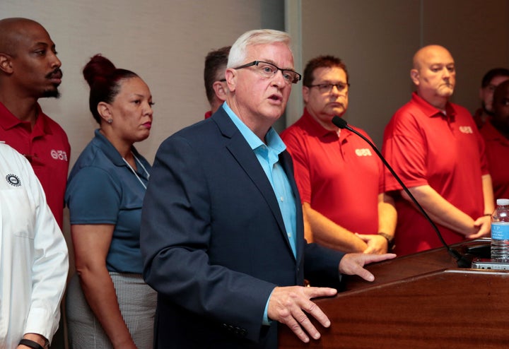 United Auto Workers Vice President Terry Dittes addresses the media while announcing a general strike against General Motors in Detroit on Sunday.