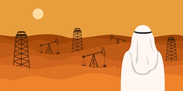 Man in white kandura looking at oil field in desert. Vector illustration.