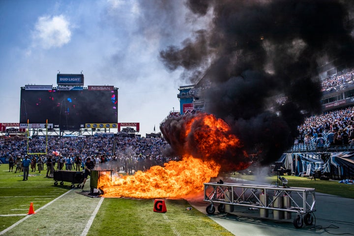 A pyrotechnic accident lights a part of the field on fire before an NFL football game between the Tennessee Titans and the Indianapolis Colts, Sunday, Sept. 15, 2019, in Nashville, Tenn. (Austin Anthony/Daily News via AP)