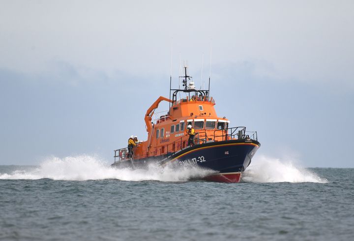 WEYMOUTH, ENGLAND - JULY 31: Severn-class lifeboat RNLI Ernest and Mabel takes part in a demonstration at Bowleaze Cove on July 31, 2019 at Weymouth, England. (Photo by Finnbarr Webster/Getty Images)