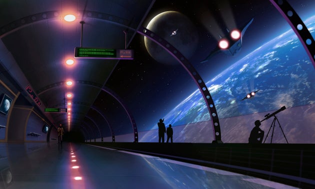 Conceptual illustration of a space station, terminal or habitat in Earth orbit in the future. People are seen pointing outside, and one of them is using a telescope.