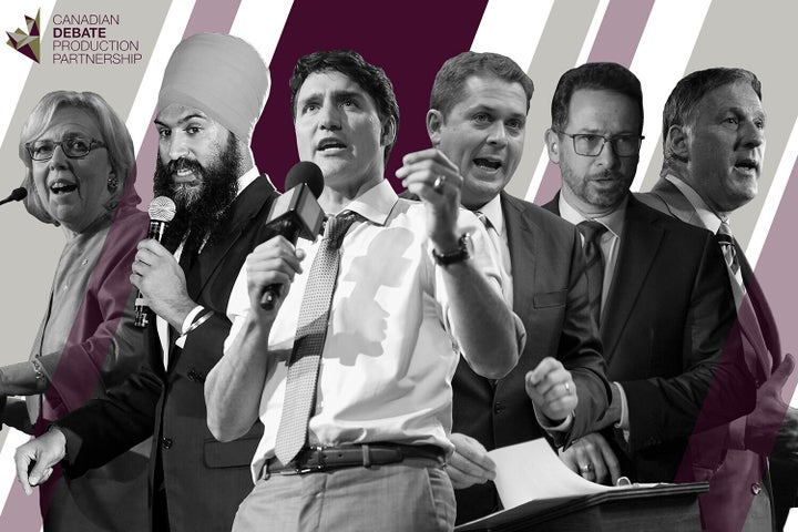 From left to right: Green Party Leader Elizabeth May, NDP Leader Jagmeet Singh, Liberal Leader Justin Trudeau, Conservative Leader Andrew Scheer, Bloc Québécois Leader Yves-François Blanchet and People's Party of Canada Leader Maxime Bernier.