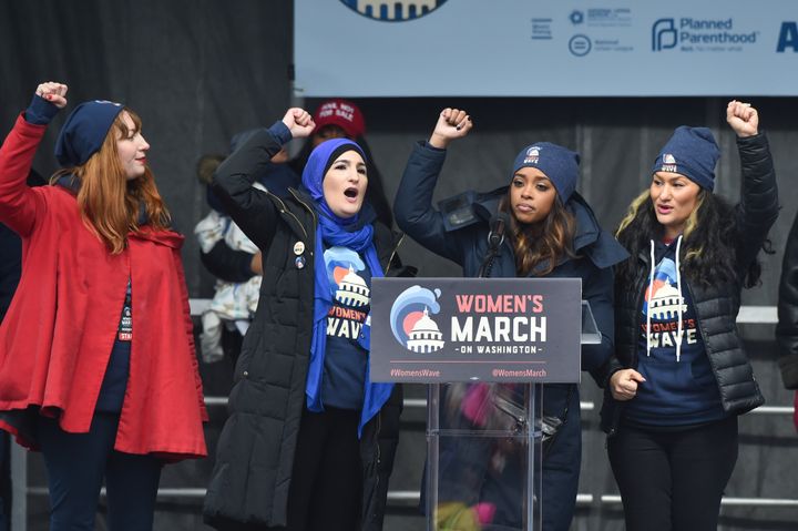 March Organizers Bob Bland, Tamika D. Mallory, Linda Sarsour, and Carmen Perez-Jordan speak onstage during the Women's March on Jan. 19, 2019 in Washington, D.C.