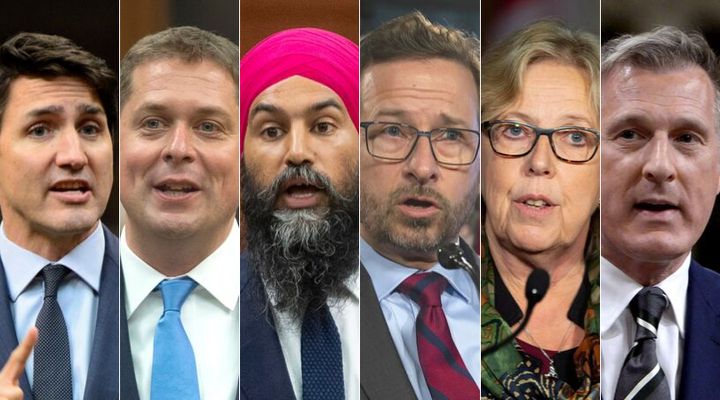 De gauche à droite : Justin Trudeau, Andrew Scheer, Jagmeet Singh, Yves-François Blanchet, Elizabeth May, Maxime Bernier.