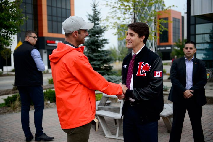 Liberal Leader Justin Trudeau talks to a voter in Kitchener, Ont., on Sept. 16, 2019. 