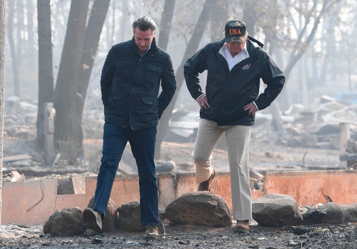 President Donald Trump and then-Lieutenant Gov. Gavin Newsom take a tour through Paradise 10 days after the fire started.