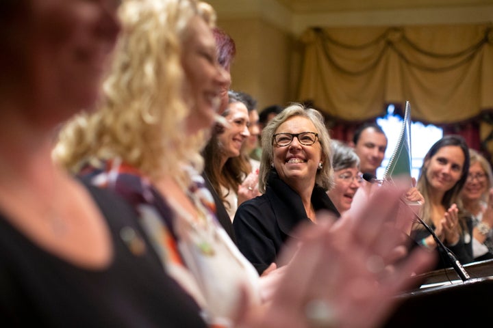 La cheffe du Parti vert, Elizabeth May, lors de la présentation de la plateforme de son parti.