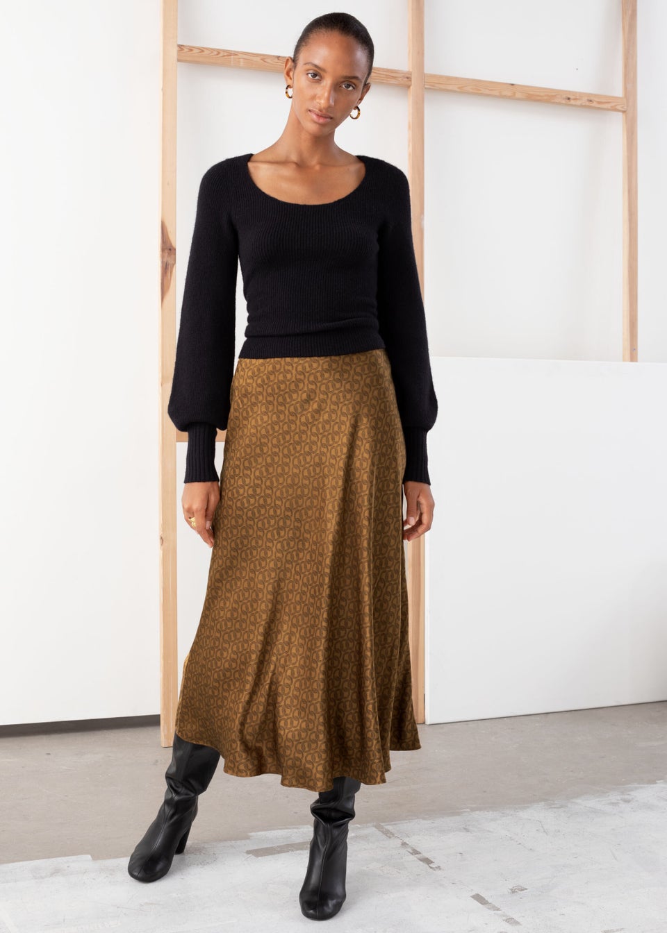 Cow Print Satin Midi Skirt Brown / S