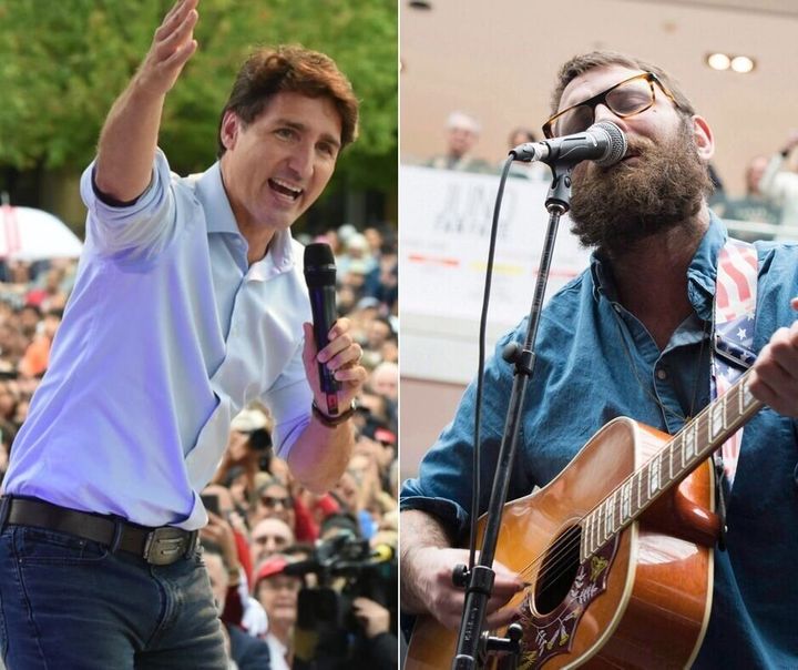 Liberal Leader Justin Trudeau, left, is using a song by Canadian band The Strumbellas for his campaign. Lead singer Simon Ward is pictured at right.