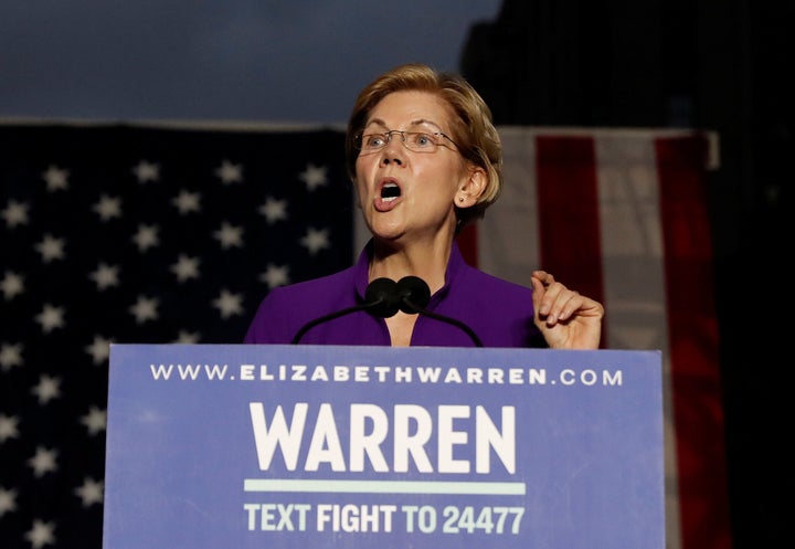 Elizabeth Warren, a Massachusetts senator running for the Democratic presidential nomination, speaks at Washington Square Par
