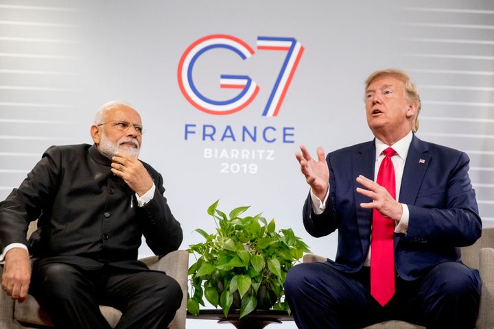 President Donald Trump, with Prime Minister Narendra Modi during a bilateral meeting at the G-7 summit in Biarritz, France, Aug. 26, 2019. 