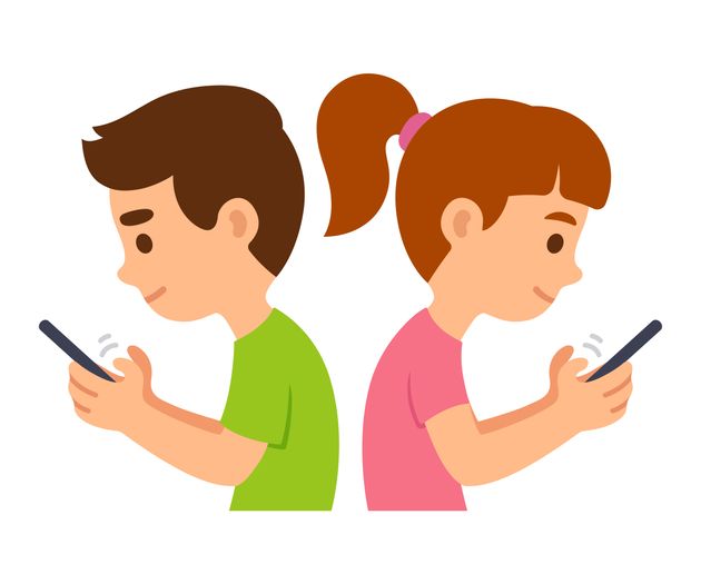 Children with smartphones illustration. Cartoon boy and girl using phones for texting, surfing internet...