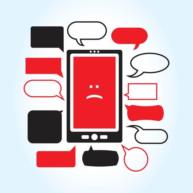 A vector illustration with a smartphone displaying a sad face icon surrounded by a series of mean looking...