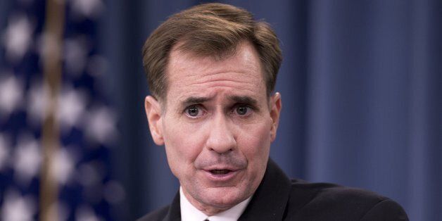 Department of Defense Press Secretary Rear Admiral John Kirby, speaks to reporters during a news conference,...