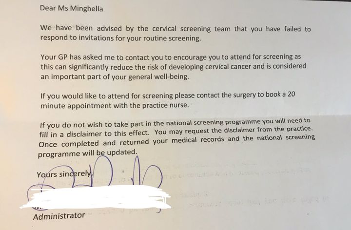 The letter Edana Minghella received from her GP surgery.