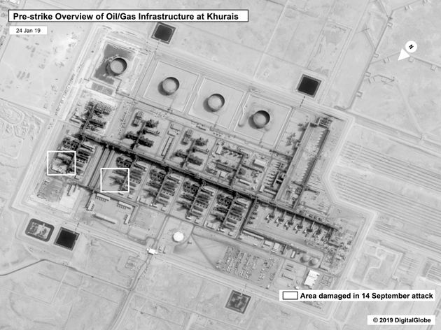 En esta imagen del domingo 15 de septiembre de 2019, cortesía del gobierno de Estados Unidos y DigitalGlobe, se observa el campo petrolero Khurais de Aramco en Arabia Saudí, antes de un ataque. (U.S. government/Digital Globe via AP)