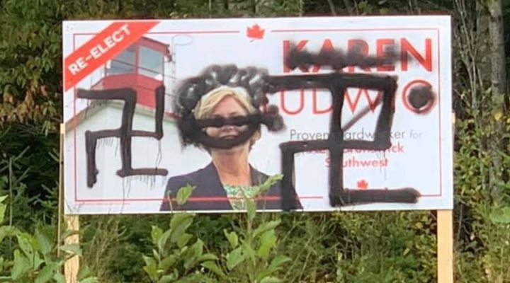 Karen Ludwig's election sign was defaced over the weekend. The Liberal MP candidate found out about it on Sept. 16, 2019.