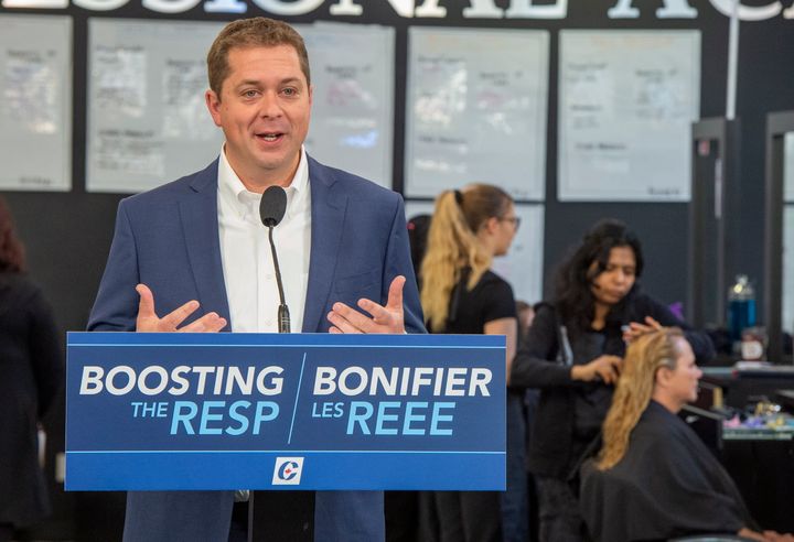 Federal Conservative leader Andrew Scheer speaks at a campaign event in Winnipeg on Sept. 17, 2019. Scheer says he would help parents save up to send their children to college or university.