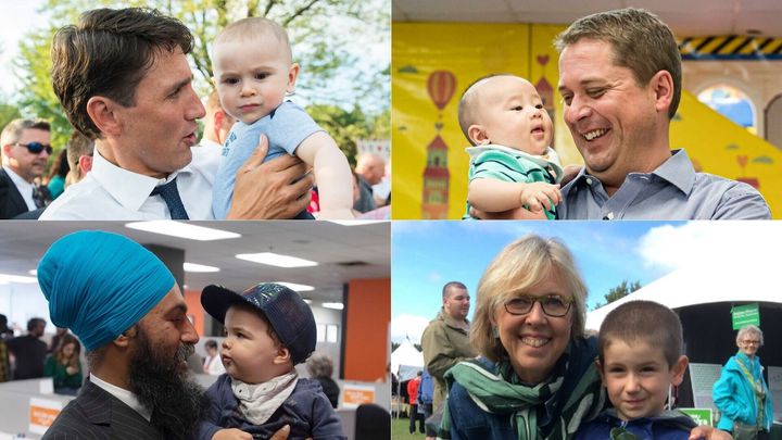 Justin Trudeau, Andrew Scheer, Jagmeet Singh, and Elizabeth May all pose with kids.