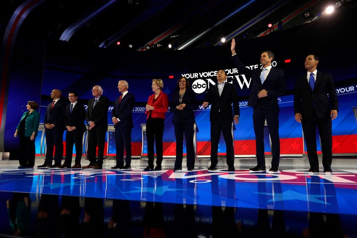 Democratic presidential candidates are introduced for the Democratic presidential primary debate hosted by ABC on the campus of Texas Southern University Thursday, Sept. 12, 2019, in Houston.