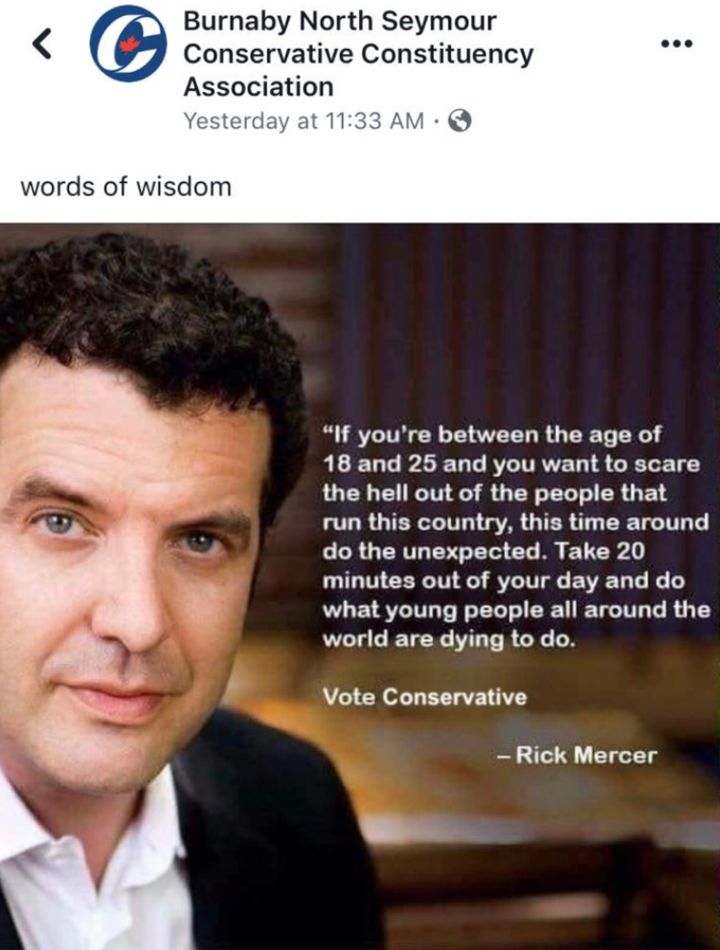 A screenshot of a since-deleted meme posted to the Burnaby North Seymour Conservative Constituency Association Facebook page with a quote falsely attributed to Rick Mercer. 