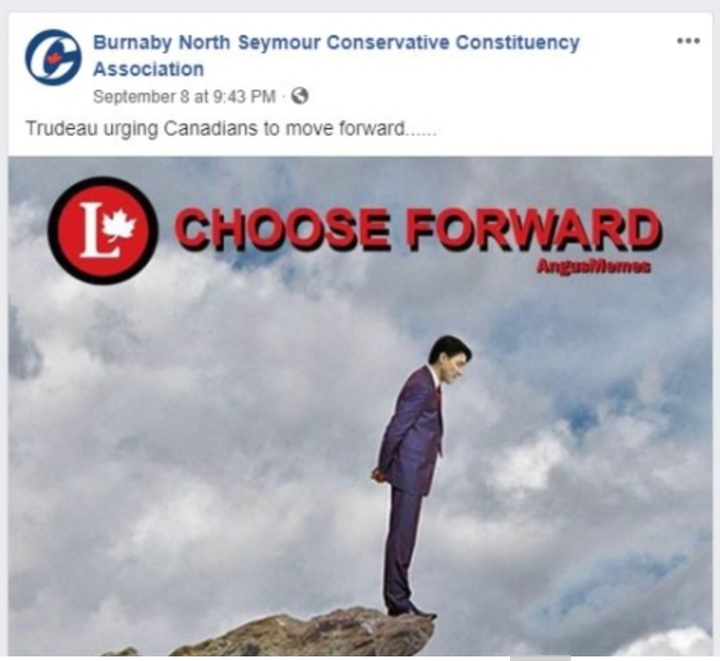 A screenshot from the Burnaby North Seymour Conservative Constituency Association Facebook page of a meme shared showing Justin Trudeau on the edge of a cliff. 