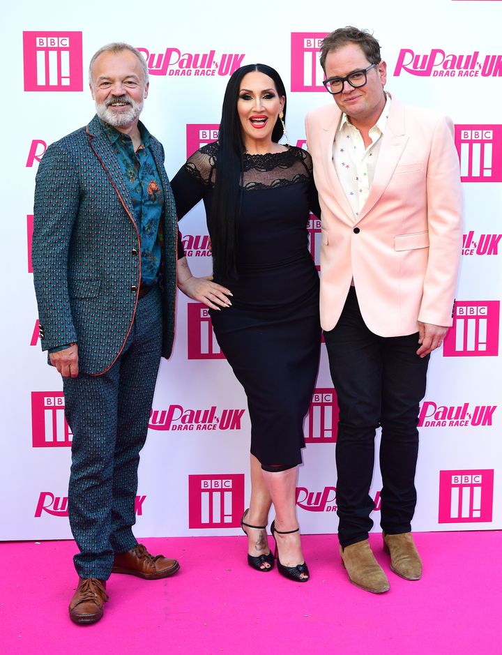 Graham Norton, Michelle Visage and Alan Carr attending the RuPaul Drag race premiere, Bloomsbury Ballroom, London. (Photo by Ian West/PA Images via Getty Images)