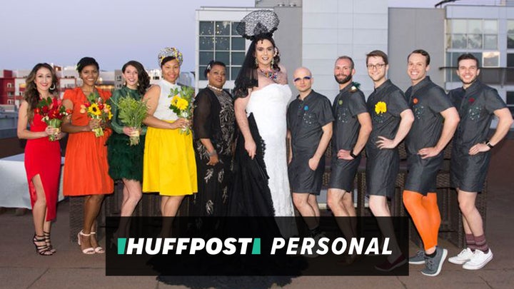 James Hilton Harrell (centre) appearing as their drag alter ego, Diane A. Lone, at the wedding along with the full bridal party.