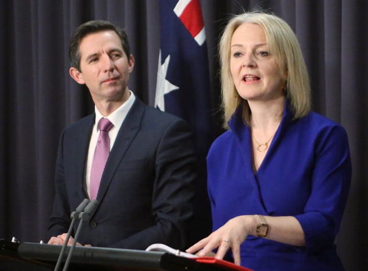 Australian Trade Minister Simon Birmingham, left, and British International Trade Secretary Liz Truss hold a press conference in Parliament House in Canberra, Australia, Wednesday.