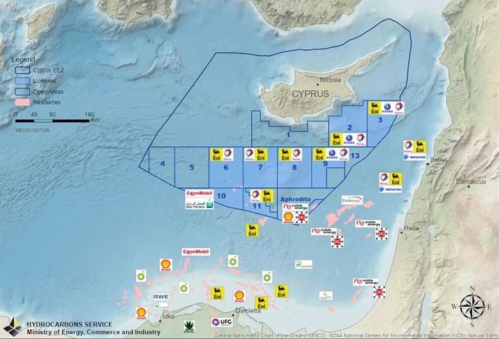 Ο ενεργειακός χάρτης όπου αποτυπώνονται έρευνες και επιχειρήσεις εξόρυξης στην περιοχή της Ανατολικής Μεσογείου.