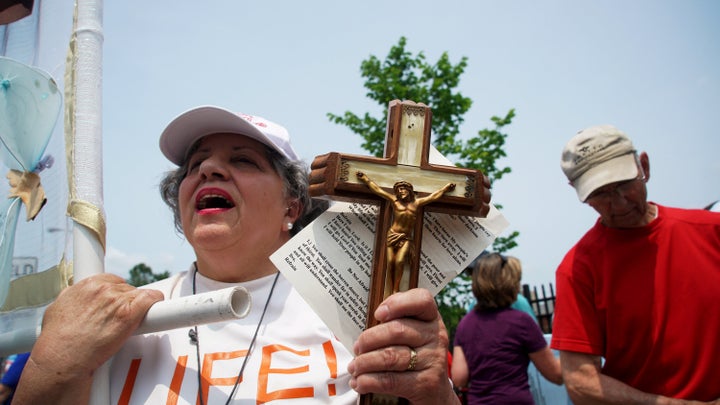 Pro-Life supporters protest back in May outside of Planned Parenthood as a deadline loomed to renew the license of Missouri's sole remaining Planned Parenthood clinic in St. Louis, Missouri.