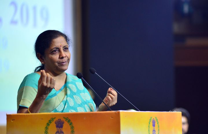 GHAZIABAD, INDIA JULY 23, 2019: Union Minister of Finance Nirmala Sitharaman speaking at the Income Tax day celebrations.