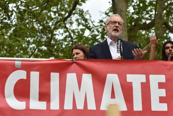 Jeremy Corbyn speaks at a climate emergency protest in Parliament Square in May.