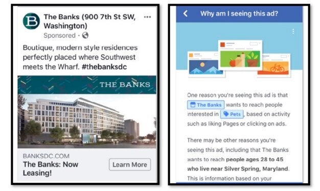 Lawyers allege housing ads like this, which were promoted to Facebook users ages 28 to 45, discriminate against older prospective residents who are excluded from seeing them.