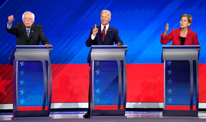 Sen. Bernie Sanders (I-Vt.), former Vice President Joe Biden and Sen. Elizabeth Warren (D-Mass.) participate in the Democratic presidential debate in Houston, Texas, on Sept. 12, 2019.