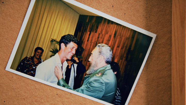 A photo of Svend Robinson and late Cuban leader Fidel Castro on display at the NDP candidate's campaign office.