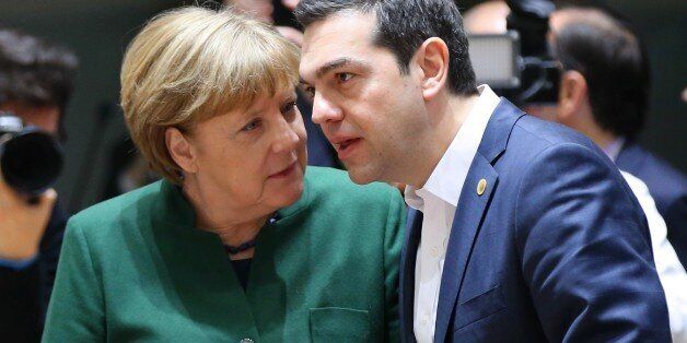BRUSSELS, BELGIUM - MARCH 10 : German Chancellor Angela Merkel (L) talks with Greek Prime Minister Alexis Tsipras (R) during the European Union (EU) Leaders Summit in Brussels, Belgium on March 10, 2017. (Photo by Dursun Aydemir/Anadolu Agency/Getty Images)