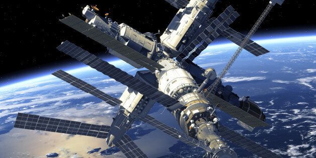 Space Station Orbiting Earth. 3D Scene.