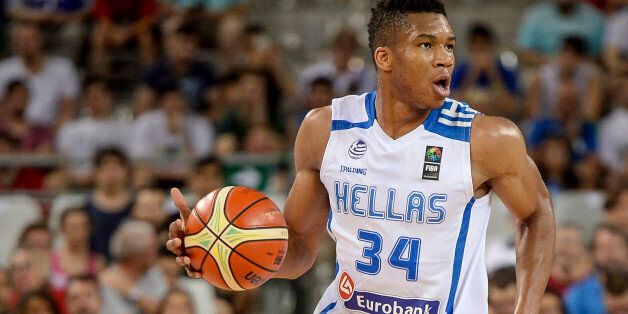 PALA ALPITUR, TURIN, ITALY - 2016/07/04: Giannis Antetokounmpo in action during the basketball FIBA Olympic qualifying tournament match beetwen Greece and Iran. Greece national team wins 78-53 over Iran national team. (Photo by NicolÃ² Campo/Pacific Press/LightRocket via Getty Images)