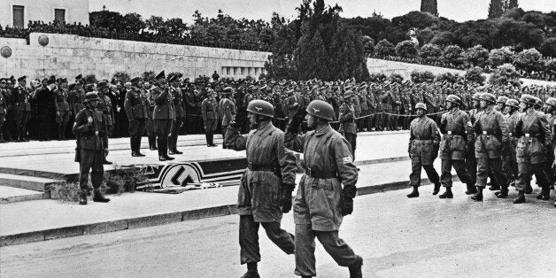 (Eingeschränkte Rechte für bestimmte redaktionelle Kunden in Deutschland. Limited rights for specific editorial clients in Germany.) Victory parade of units of the German South East Army and the Luftwaffe in Athens: Field Marshal Wilhelm List, Luftwaffe General Kurt Student (to List's right), and Major General Ferdinand Schörner (with steel helmet) are taking the salute of paratroops (Photo by ullstein bild/ullstein bild via Getty Images)