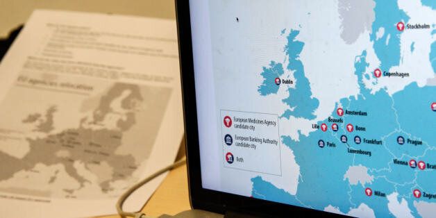 A laptop displays a map of candidate city locations for the relocation of the European Banking Authority (EBA) and EuropeanÂ MedicinesÂ Agency (EMA) in this arranged photograph in Brussels, Belgium, on Monday, Nov. 20, 2017. TheÂ EBAÂ gets a new home on Monday, as Brexit forces the regulator and its 180 employees to abandon their high-rise digs in Londons Canary Wharf financial district and relocate to the continent. Photographer: Dario Pignatelli/Bloomberg via Getty Images