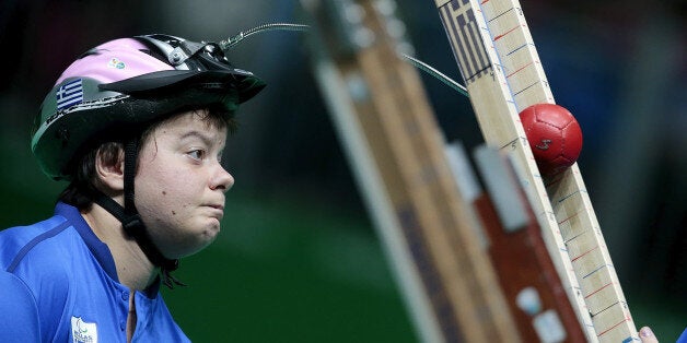 RIO DE JANEIRO, BRAZIL - SEPTEMBER 12: Anna Ntenta of Greece competes in the Boccia - Mixed Pairs - BC3 Bronze Medal Match at Carioca Arena 2 on day 5 of the Rio 2016 Paralympic Games at on September 12, 2016 in Rio de Janeiro, Brazil. (Photo by Alexandre Loureiro/Getty Images)