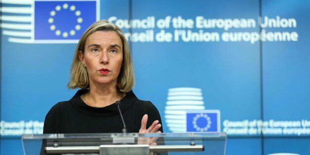 BRUSSELS, BELGIUM - NOVEMBER 16: High Representative of the European Union (EU) for Foreign Affairs and Security Policy and Vice-President of the European Council Federica Mogherini speaks during a joint press conference with Serbia's Prime Minister Ana Brnabic (not seen) and EU European Neighbourhood Policy & Enlargement Negotiations Commissioner Johannes Hahn (not seen) within the EU-Serbia Stabilisation and Association Council (SA Council) at the European Council in Brussels, Belgium on Novem