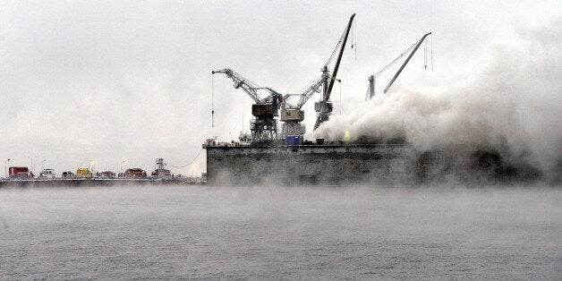 MURMANSK, RUSSIA - NOVEMBER 21, 2017: The Odysseus-1 fishing ship has caught fire at the Murmansk Shipyard of the Russian Navy. Lev Fedoseyev/TASS (Photo by Lev Fedoseyev\TASS via Getty Images)