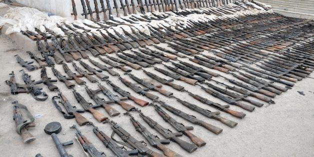 A picture taken on November 5, 2017, shows weapons reportedly seized by Syrian government forces during a military operation against Islamic State (IS) group jihadists in the eastern city of Deir Ezzor.On November 3, Russian-backed Syrian regime forces took full control of Deir Ezzor, which was the last city where IS still had a presence after being expelled from Hawija and Raqa last month. / AFP PHOTO / STRINGER (Photo credit should read STRINGER/AFP/Getty Images)