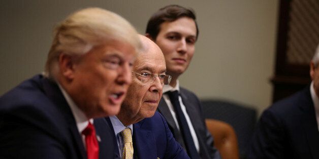 Wilbur Ross, Trump's pick for Commerce Secretary (C), U.S. President Donald Trump and Senior advisor and Trump's son-in-law Jared Kushner (R) attend a meeting with congressional leaders to discuss trade deals at the at the Roosevelt room of the White House in Washington U.S., February 2, 2017. REUTERS/Carlos Barria