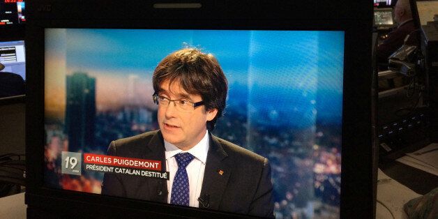 REFILE - CORRECTING BYLINE AND LOCATION Ousted Catalan President Carles Puigdemont appears on a monitor during a live TV interview at the Belgian RTBF studio in Brussels, Belgium, November 3, 2017. RTBF Television via REUTERS