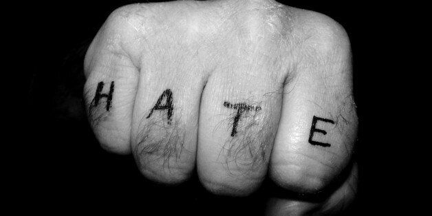 A fist with the word HATE written on the fingers.