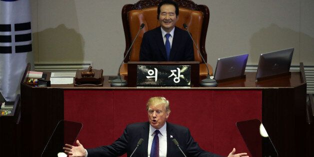 SEOUL, SOUTH KOREA - NOVEMBER 08: U.S. President Donald Trump speaks at the National Assembly on November 8, 2017 in Seoul, South Korea. Trump is in South Korea as a part of his Asian tour. (Photo by Chung Sung-Jun/Getty Images)