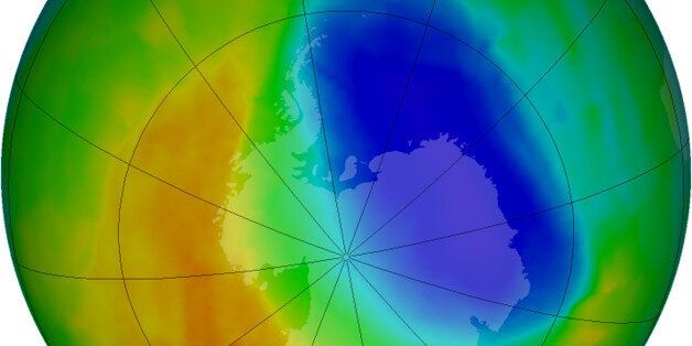 A false-color view of total ozone over the Antarctic pole is seen in this NASA handout image released October 24, 2012. The purple and blue colors are where there is the least ozone, and the yellows and reds are where there is more ozone. The average area covered by the Antarctic ozone hole this year was the second smallest in the last 20 years, according to data from NASA and National Oceanic and Atmospheric Administration (NOAA) satellites. Scientists attribute the change to warmer temperatures in the Antarctic lower stratosphere. The ozone hole reached its maximum size September 22, covering 8.2 million square miles (21.2 million square kilometers), or the area of the United States, Canada and Mexico combined. REUTERS/NASA/Handout (UNITED STATES - Tags: SCIENCE TECHNOLOGY ENVIRONMENT) THIS IMAGE HAS BEEN SUPPLIED BY A THIRD PARTY. IT IS DISTRIBUTED, EXACTLY AS RECEIVED BY REUTERS, AS A SERVICE TO CLIENTS. FOR EDITORIAL USE ONLY. NOT FOR SALE FOR MARKETING OR ADVERTISING CAMPAIGNS